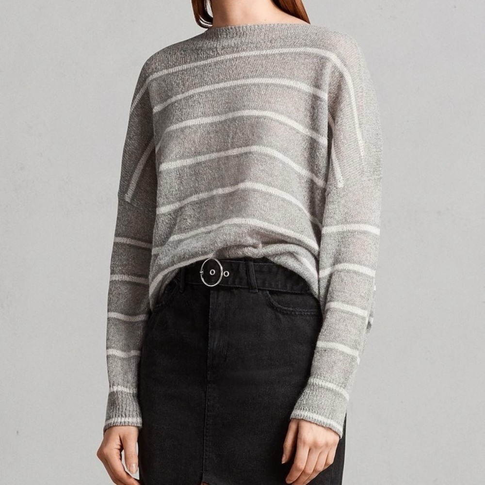 All Saints Misty Crew Pullover Sweater Small gray white stripe mohair neutral